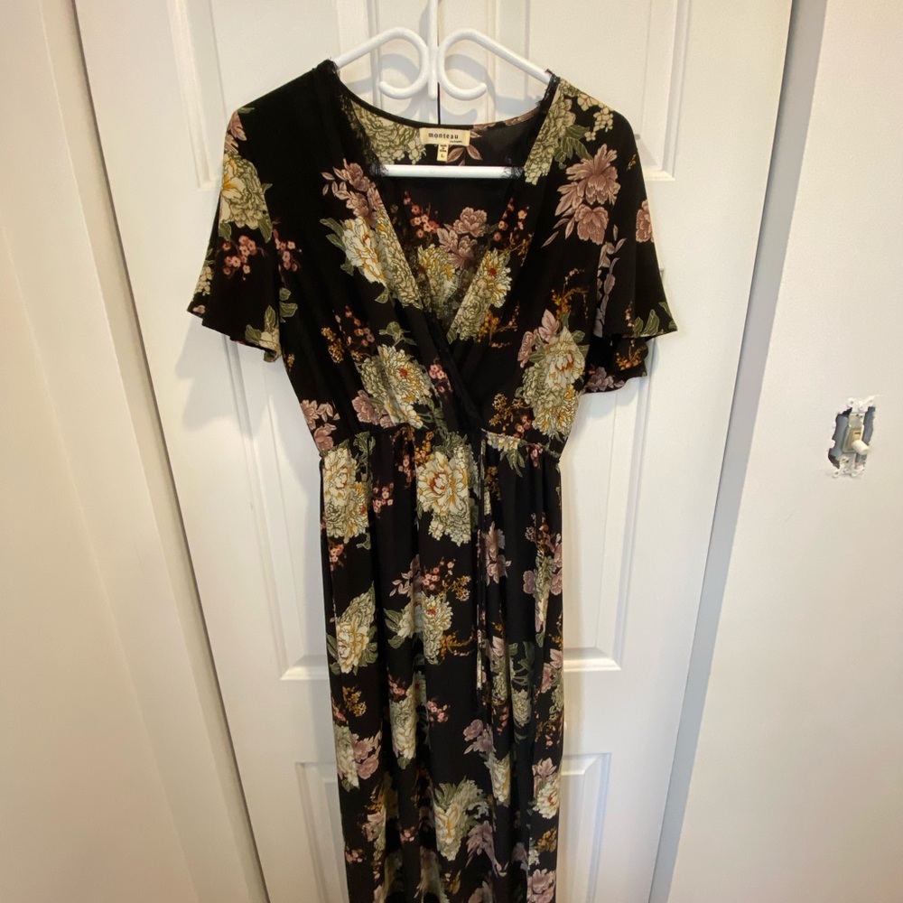 SOLD. Monteau Black and Cream Wrap Maxi Dress with Flutter Sleeves